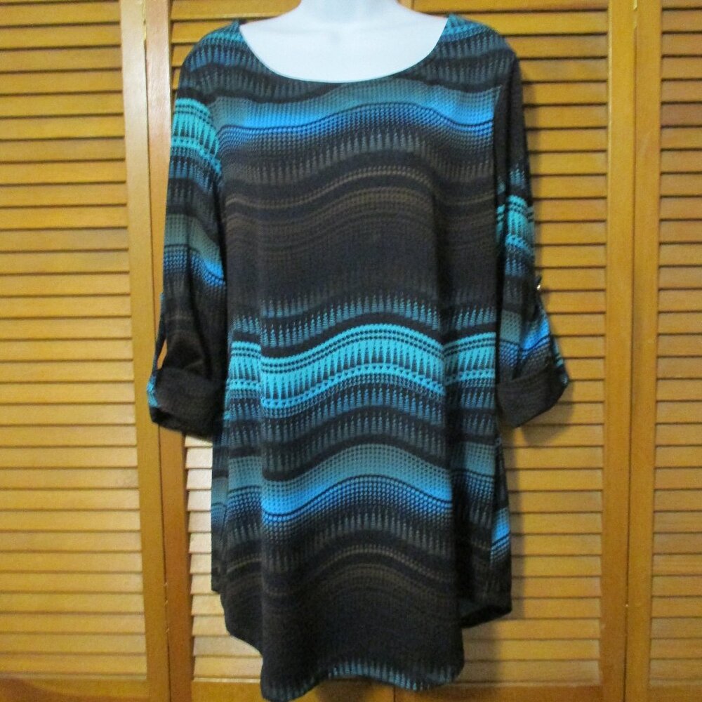 New Direction top stretchy 3/4 sleeve, blue & black pullover tunic size L